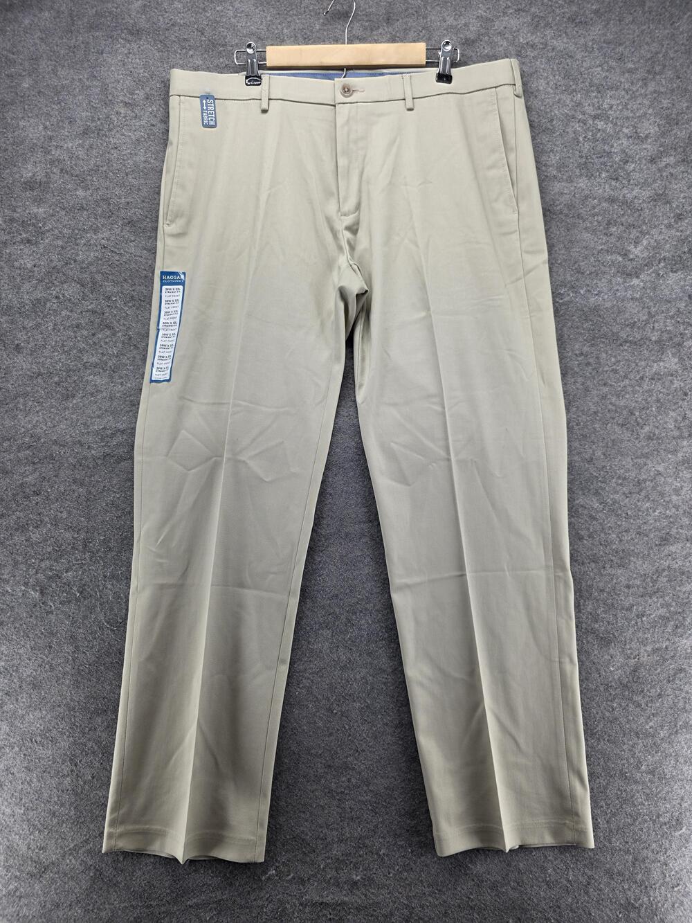 Haggar Pants Mens 38x32 Beige Chino Straight Fit Flat Front Stretch No Iron